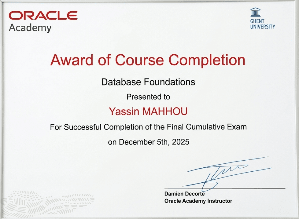 Oracle Academy-certificaat Database Foundations, behaald door Yassin Mahhou